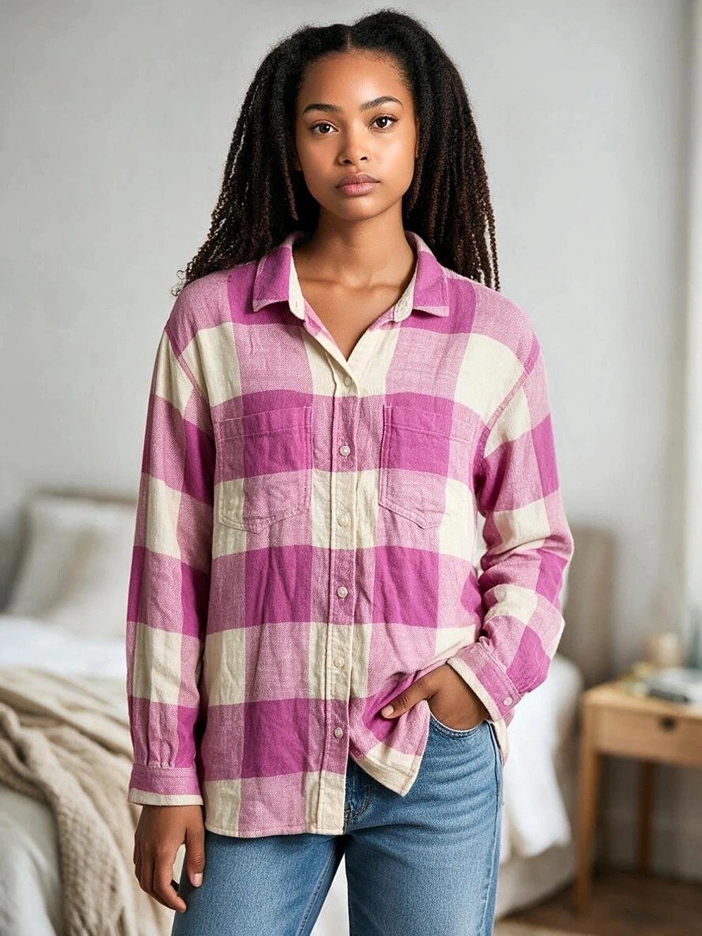 American Eagle Oversized Plaid Button-Down Shirt in Pink & Cream Medium